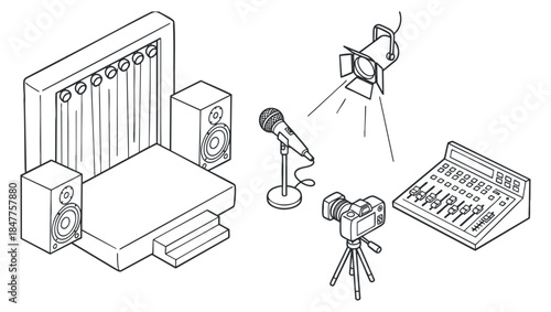 A stage setup with speakers, microphone, camera, lighting, and mixing console in minimalist outline vector style, perfect for event planning and media production