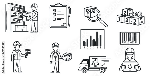 A collection of logistics and inventory management icons in flat outline vector style, suitable for business and operational projects