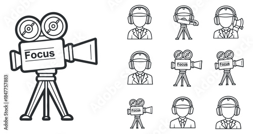 A focus camera with a microphone and a set of film crew icons in outline vector style, ideal for media production branding