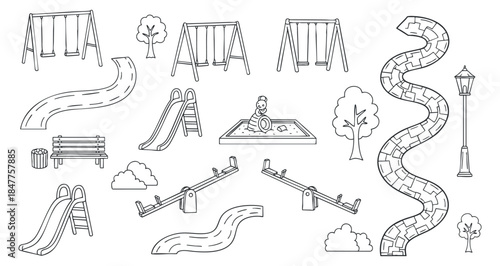 A collection of playground equipment including swings, slides, seesaws, and a sandbox in black and white minimalist vector style, suitable for children's activity designs