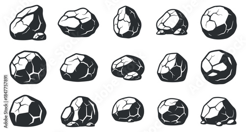 A collection of various rock shapes and sizes in black and white outline vector style, perfect for nature-themed designs and illustrations