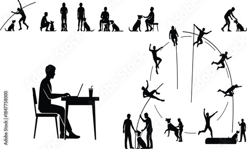 Conceptual Black Silhouette Vector Blending Office Work, Dog Training, and Pole Vaulting Action, Illustrating Work-Life Balance, Focus, and Diverse Activities.