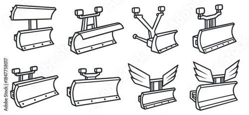 A set of snowplow blades in outline vector style, suitable for winter maintenance and transportation design projects