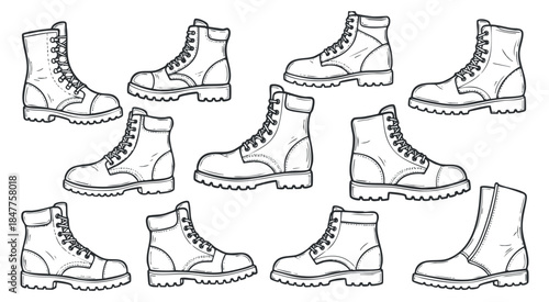 A collection of various boots including work and hiking styles in black and white outline vector style, ideal for fashion design and apparel branding