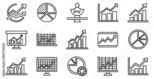 A collection of various business and data analytics charts and graphs in clean outline vector style, ideal for financial presentations and reports