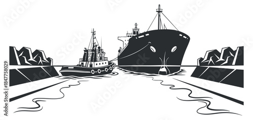 A tugboat assisting a cargo ship in a black and white vector style, ideal for maritime industry graphics