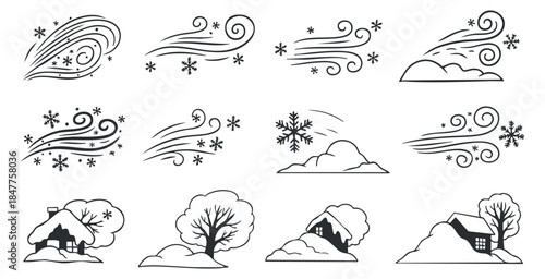 A collection of winter-themed icons featuring snowflakes, wind swirls, and snowy landscapes in minimalist black outline vector style, ideal for seasonal design projects