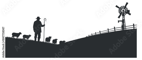 A silhouette of a farmer herding sheep with a windmill in a minimalist black and white vector style, perfect for agricultural themes