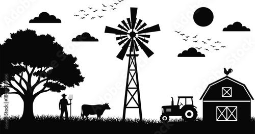 Detailed Black Silhouette Vector of a Classic Farm Landscape, Featuring a Windmill, Tractor, Farmer, Barn, and Livestock, Depicting Rural Agriculture Life.