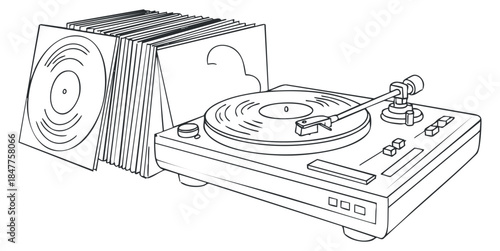 A vinyl turntable with records in a minimalist outline vector style, ideal for music-themed designs