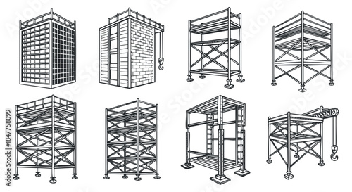 A collection of various scaffolding designs in black outline vector style, suitable for construction and engineering projects