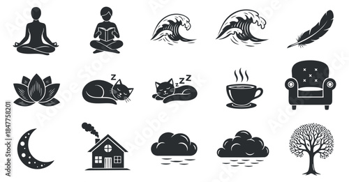 A collection of calming vector icons featuring meditation, reading, waves, sleeping cats, coffee, and nature elements in black and white style, perfect for wellness and lifestyle themes