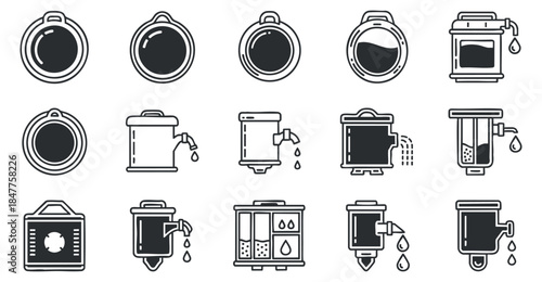 A set of water-related icons including containers, filters, and droplets in black and white minimalist vector style, suitable for environmental and health projects