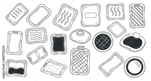 A collection of various food packaging containers and labels in black and white outline vector style, suitable for graphic design and branding projects