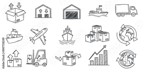 A collection of shipping and transportation icons in minimalist outline vector style, suitable for logistics and delivery applications