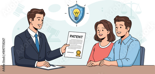 Intellectual Property and Patent Protection: Lawyer Explaining Legal Rights and Licensing for a New Idea to a Happy Couple in a Professional Setting.