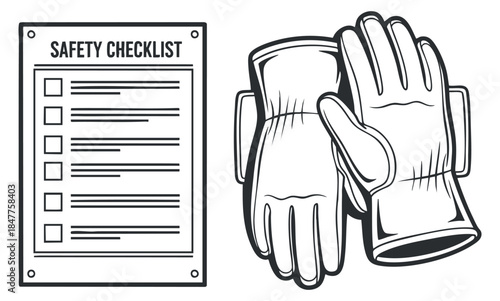 A safety checklist next to a pair of protective gloves in black and white outline vector style, ideal for workplace safety materials