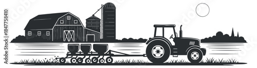 A silhouette of a tractor pulling a planter near a barn and silo in black and white vector style, ideal for agricultural themes
