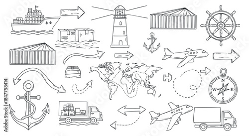 A collection of transportation and shipping icons including cargo ships, a lighthouse, airplanes, and a compass in clean outline vector style, suitable for logistics and maritime projects