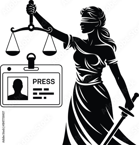 Lady Justice holding scales and sword with press pass