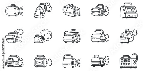 A collection of various steam and air blowers in clean outline vector style, suitable for industrial design and technology projects