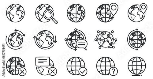 A collection of globe and map icons in clean black outline vector style, ideal for web design and navigation applications