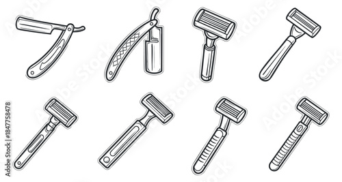 A collection of various shaving razors and grooming tools in black and white outline vector style, suitable for barber shop branding and personal care projects