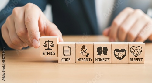 Hand places wooden cube with ethics symbol next to other cubes