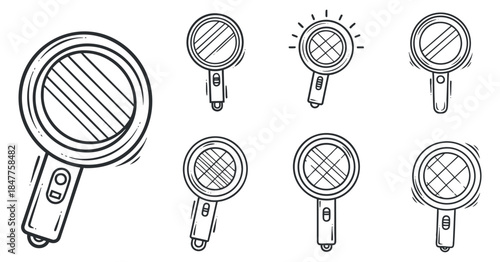 A collection of magnifying glass icons in outline style, perfect for educational and analytical design projects