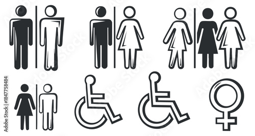 A collection of gender and accessibility icons in black and white minimalist vector style, suitable for signage and inclusivity design