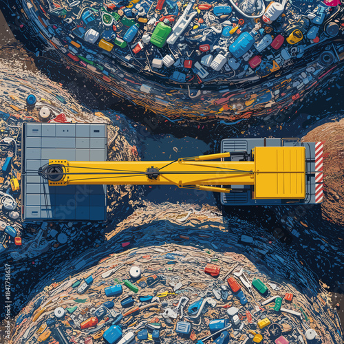 Aerial view of landfill crane operating in waste disposal area  