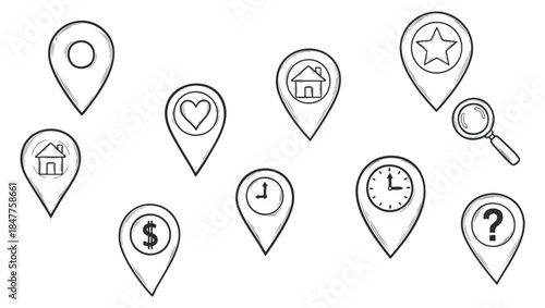 A collection of location markers including home, star, clock, dollar, and question icons in minimalist outline vector style, suitable for navigation and mapping applications