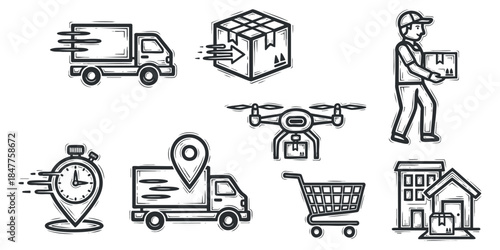 A collection of delivery and shipping icons featuring a truck, drone, package, delivery man, and more in a hand-drawn vector style, ideal for logistics and e-commerce projects