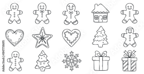 A collection of gingerbread cookies and festive icons in black and white outline vector style, ideal for holiday decorations and crafts