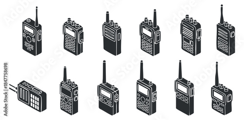 A set of walkie-talkies and radios in black outline vector style, ideal for technology and communication projects