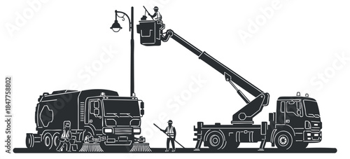 A scene of street maintenance with a cleaning truck, a lifting vehicle, and workers in minimalist black and white vector style, ideal for urban planning and service illustrations
