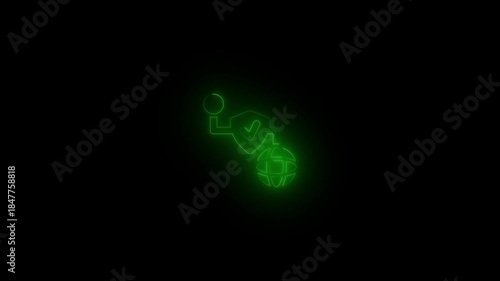 Green neon shield with checkmark and globe on black background