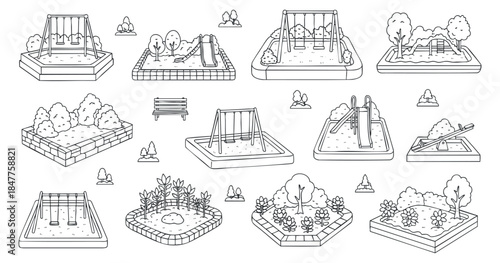 A collection of playground and park illustrations featuring swings, slides, benches, and landscaped areas in minimalist outline vector style, perfect for urban design projects