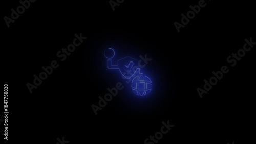 Blue neon globe with hand and shield