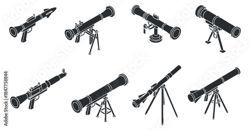A collection of various telescopes in black and white minimalist vector style, suitable for educational projects and astronomy themes