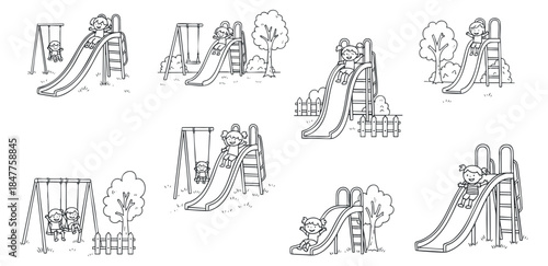 A collection of playful children using slides and swings in black and white outline vector style, perfect for educational materials and children's projects
