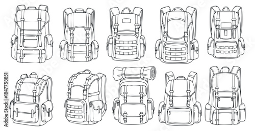 A collection of various backpack designs in clean line art style, perfect for outdoor activities and travel branding