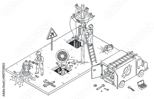 An isometric illustration of utility workers repairing a manhole with tools and a service vehicle in minimalist vector style, suitable for construction and engineering projects