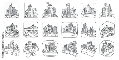 A collection of hand-drawn cityscape illustrations featuring various buildings and urban elements in black and white outline style, perfect for urban design projects