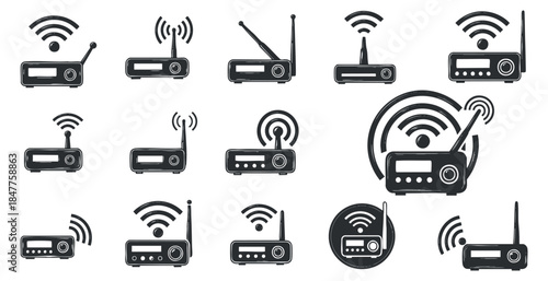 A set of various radio icons depicting different styles and signal waves in black and white outline vector style, perfect for technology-related projects