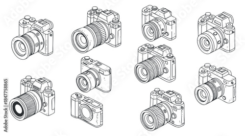 A collection of various camera illustrations in outline vector style, suitable for photography-related projects and branding