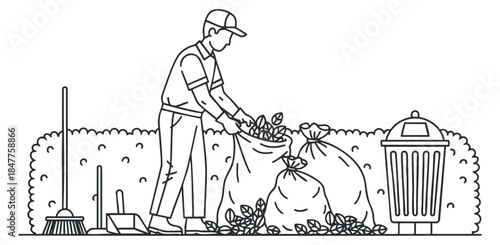 A gardener collecting leaves in bags with a broom and trash bin in modern line art vector style, perfect for environmental awareness projects