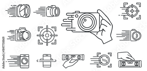 A set of photography-related icons featuring cameras, lenses, and hands in minimalist line vector style, ideal for creative projects and design