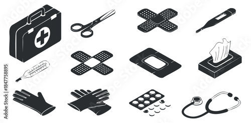 A collection of medical icons including a first aid kit, syringe, bandages, thermometer, and stethoscope in flat vector style, suitable for healthcare design