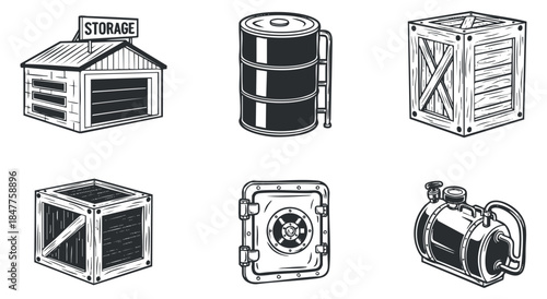 A collection of storage-related illustrations featuring a storage shed, barrel, wooden crate, and industrial equipment in black and white vector style, ideal for logistics and supply chain projects